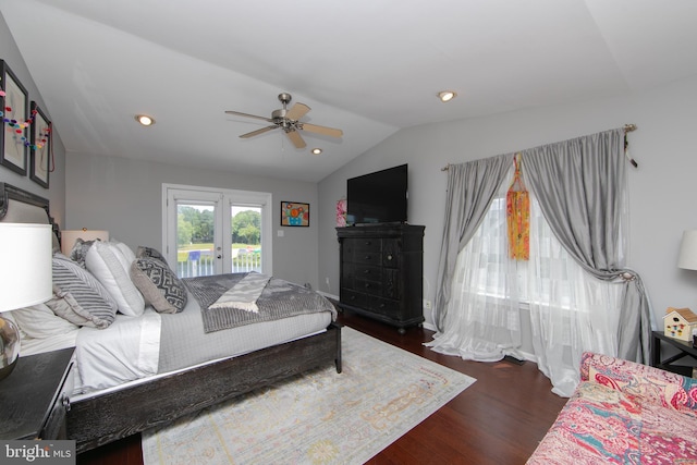 1504 Champlain Dr, Voorhees, NJ 08043 - bedroom with access to exterior, vaulted ceiling, dark wood-style flooring, french doors, and ceiling fan