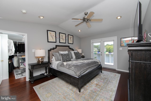 1504 Champlain Dr, Voorhees, NJ 08043 - bedroom featuring access to exterior, a spacious closet, wood finished floors, vaulted ceiling, and recessed lighting