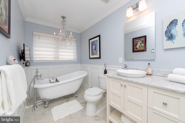 1504 Champlain Dr, Voorhees, NJ 08043 - bathroom with marble look tile flooring, a freestanding tub, ornamental molding, a chandelier, and vanity