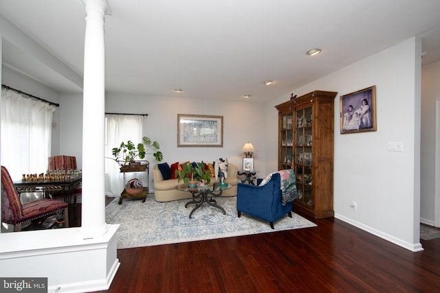 1504 Champlain Dr, Voorhees, NJ 08043 - living area featuring decorative columns, wood finished floors, baseboards, and recessed lighting