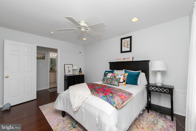 1504 Champlain Dr, Voorhees, NJ 08043 - bedroom featuring wood finished floors, recessed lighting, ceiling fan, baseboards, and ensuite bath