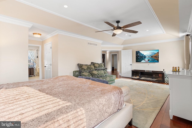 11 Bancroft Ln, Hainesport, NJ 08036 - bedroom featuring wood finished floors, crown molding, recessed lighting, a raised ceiling, and ceiling fan