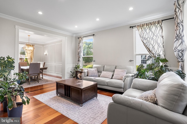 11 Bancroft Ln, Hainesport, NJ 08036 - living room featuring wood finished floors, a chandelier, ornamental molding, and recessed lighting