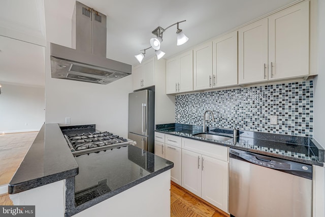4390 Lorcom Ln Unit 810, Arlington, VA 22207 - kitchen featuring stainless steel appliances, island range hood, a sink, backsplash, and white cabinets