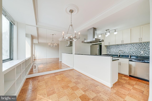 4390 Lorcom Ln Unit 810, Arlington, VA 22207 - kitchen featuring island exhaust hood, appliances with stainless steel finishes, a chandelier, and healthy amount of natural light