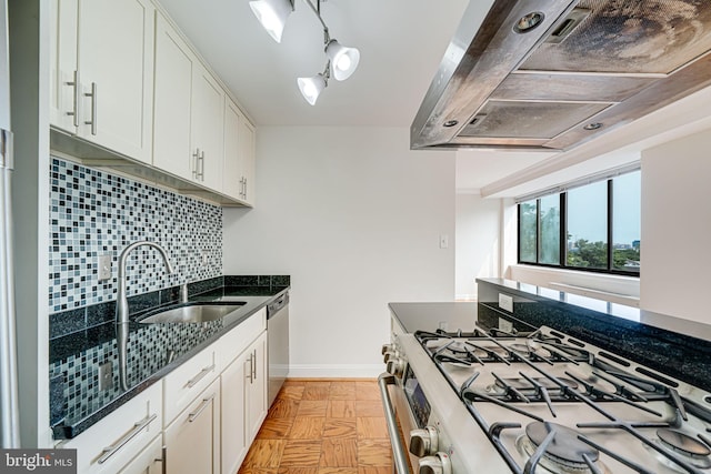 4390 Lorcom Ln Unit 810, Arlington, VA 22207 - kitchen with appliances with stainless steel finishes, a sink, wall chimney range hood, dark stone countertops, and backsplash