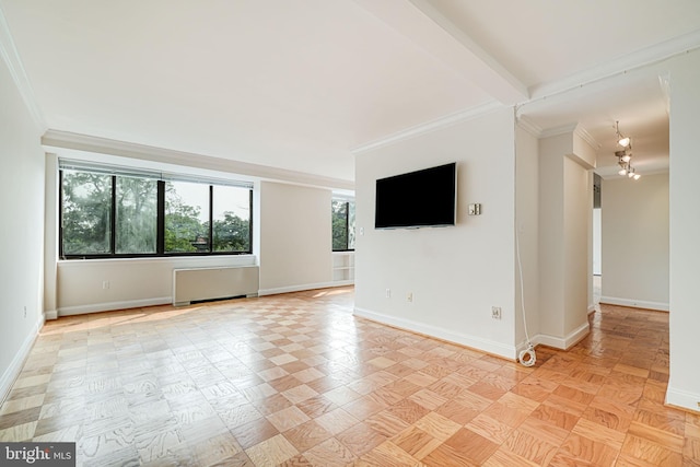 4390 Lorcom Ln Unit 810, Arlington, VA 22207 - unfurnished living room featuring healthy amount of natural light, radiator heating unit, crown molding, baseboards, and a chandelier