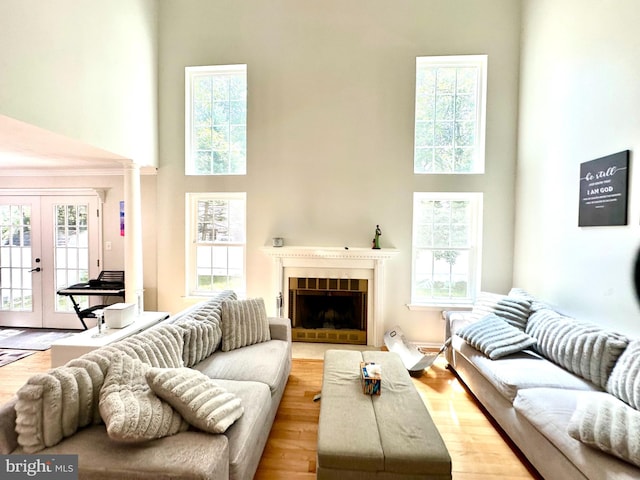 211 Franklin Ave, Berlin, NJ 08009 - living room featuring a towering ceiling, french doors, healthy amount of natural light, wood finished floors, and a fireplace with flush hearth