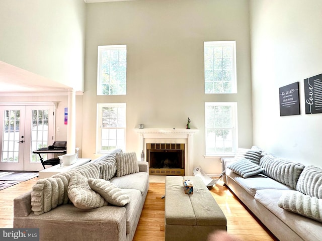 211 Franklin Ave, Berlin, NJ 08009 - living area featuring a high ceiling, french doors, wood finished floors, and a fireplace