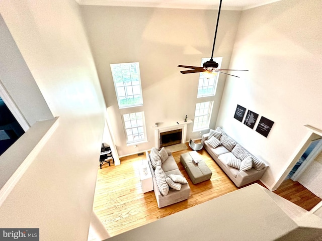 211 Franklin Ave, Berlin, NJ 08009 - living area with a towering ceiling, wood finished floors, ornamental molding, a fireplace, and a ceiling fan