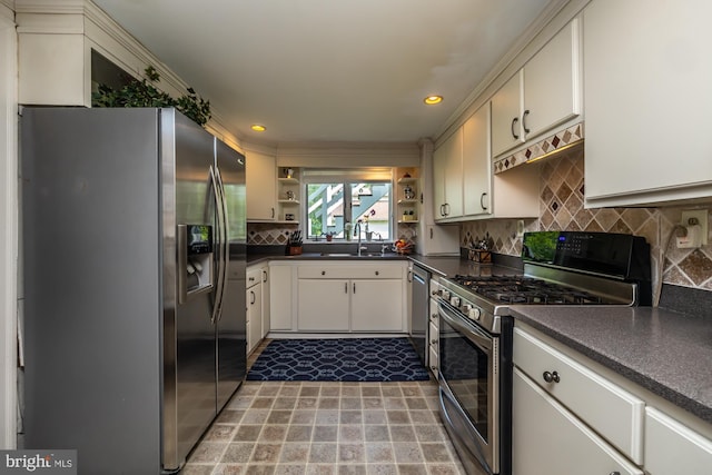 1034-1040 Twin County Rd, Honey Brook, PA 19344 - kitchen with appliances with stainless steel finishes, open shelves, dark countertops, a sink, and backsplash