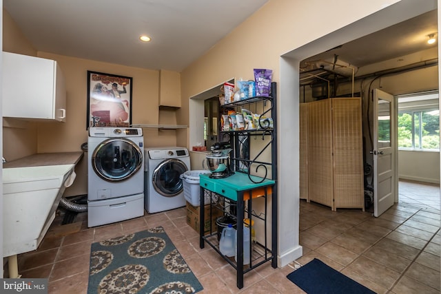 1034-1040 Twin County Rd, Honey Brook, PA 19344 - laundry room with cabinet space, washer and dryer, tile patterned flooring, and recessed lighting