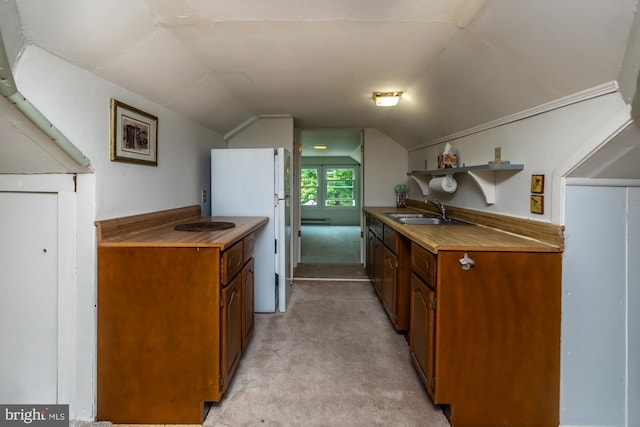 1034-1040 Twin County Rd, Honey Brook, PA 19344 - kitchen with freestanding refrigerator, a sink, light carpet, open shelves, and vaulted ceiling
