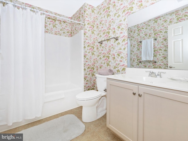 6 Stine Ct, Middletown, MD 21769 - full bath with vanity, shower / bathtub combination with curtain, wallpapered walls, and tile patterned flooring