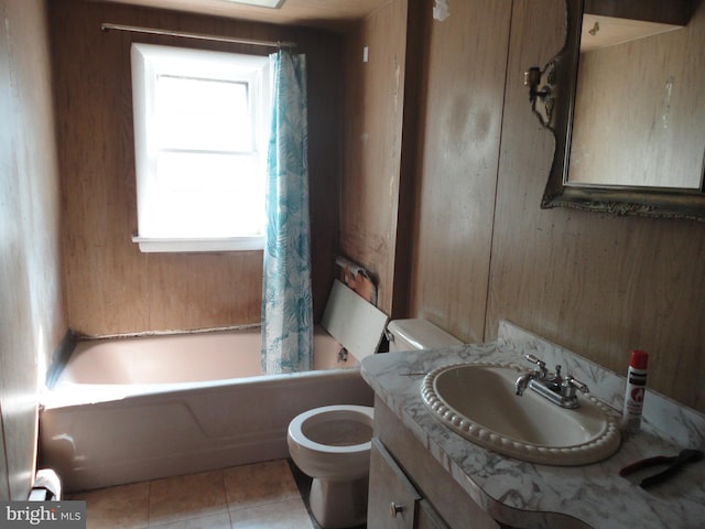 11 W Glendale Ave, Pleasantville, NJ 08232 - bathroom featuring toilet, tile patterned floors, vanity, shower / tub combo with curtain, and wood walls