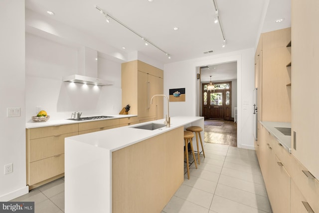 1800 Lamont St NW, Washington, DC 20010 - kitchen with light brown cabinets, modern cabinets, gas cooktop, a sink, and track lighting