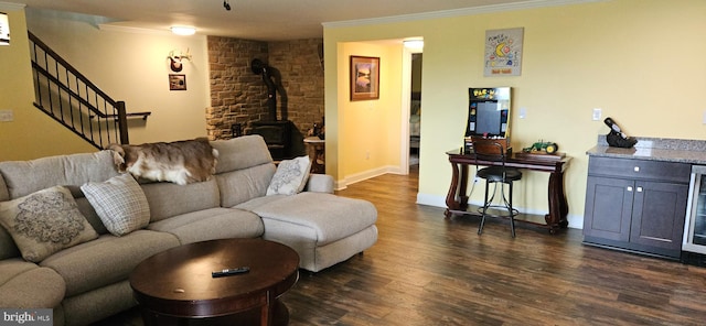 2204 Baker Mountain Dr, Yellow Spring, WV 26865 - living area featuring a wood stove, dark wood-style floors, crown molding, stairway, and beverage cooler