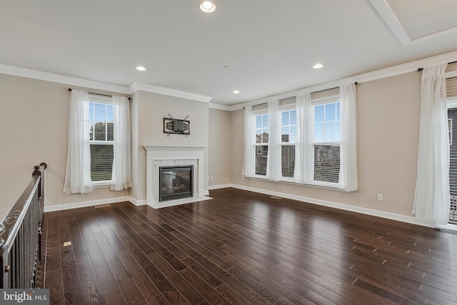 22277 Foggy Ridge Ter, Ashburn, VA 20148 - unfurnished living room featuring dark wood-type flooring, a fireplace with flush hearth, crown molding, baseboards, and recessed lighting