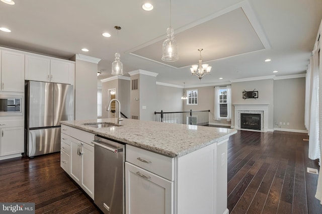 22277 Foggy Ridge Ter, Ashburn, VA 20148 - kitchen with appliances with stainless steel finishes, a sink, ornamental molding, a raised ceiling, and a kitchen island with sink