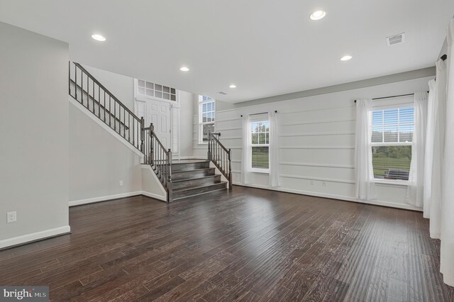 22277 Foggy Ridge Ter, Ashburn, VA 20148 - unfurnished living room with stairs, hardwood / wood-style floors, baseboards, and recessed lighting