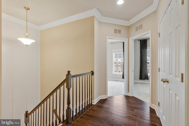22277 Foggy Ridge Ter, Ashburn, VA 20148 - hall with dark wood-style floors, ornamental molding, an upstairs landing, baseboards, and recessed lighting