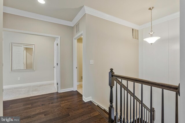22277 Foggy Ridge Ter, Ashburn, VA 20148 - corridor with an upstairs landing, ornamental molding, dark wood finished floors, baseboards, and recessed lighting