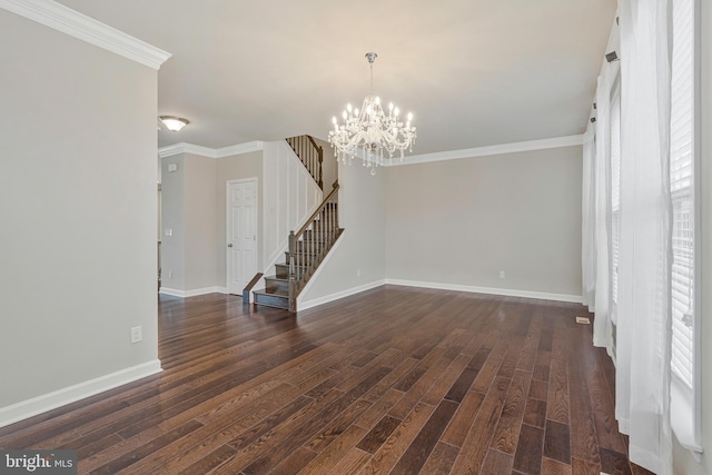 22277 Foggy Ridge Ter, Ashburn, VA 20148 - unfurnished living room featuring stairway, dark wood-style floors, ornamental molding, baseboards, and a chandelier