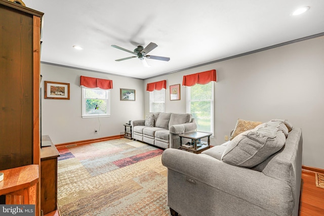 1541 Clayton Delaney Rd, Clayton, DE 19938 - living area featuring ornamental molding, baseboards, a ceiling fan, wood finished floors, and recessed lighting