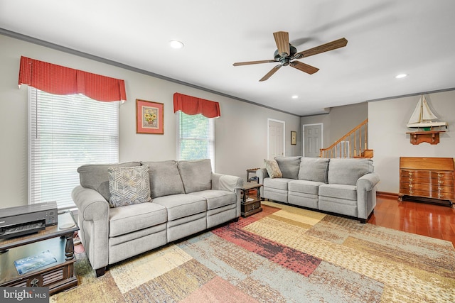 1541 Clayton Delaney Rd, Clayton, DE 19938 - living area featuring wood finished floors, a ceiling fan, recessed lighting, crown molding, and stairway