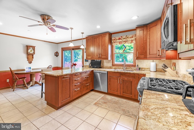 1541 Clayton Delaney Rd, Clayton, DE 19938 - kitchen with appliances with stainless steel finishes, a sink, a peninsula, healthy amount of natural light, and ornamental molding