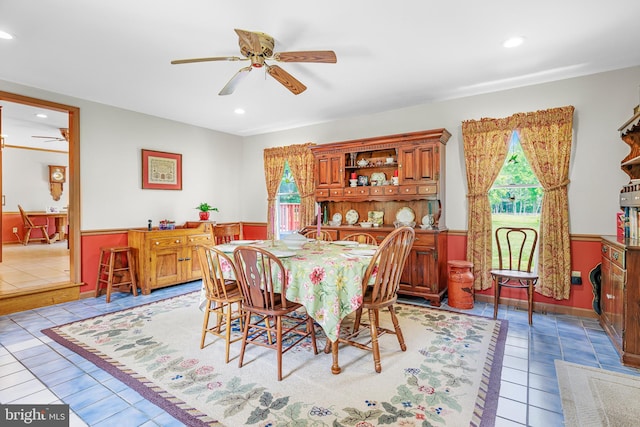 1541 Clayton Delaney Rd, Clayton, DE 19938 - dining space featuring a ceiling fan, a wainscoted wall, light tile patterned flooring, and recessed lighting