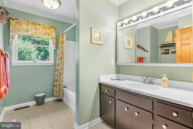1541 Clayton Delaney Rd, Clayton, DE 19938 - full bathroom with ornamental molding, vanity, shower / bathtub combination with curtain, tile patterned floors, and baseboards