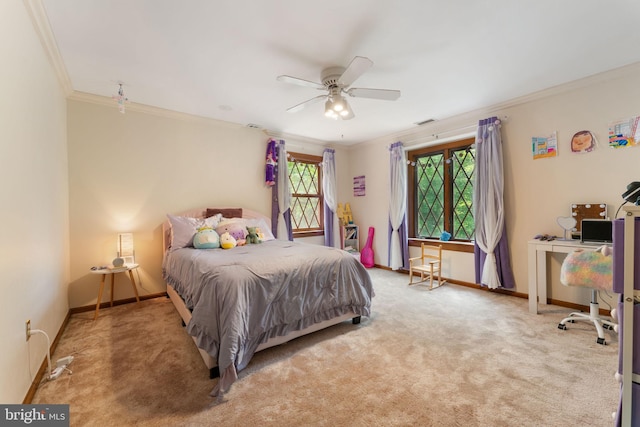 15713 Holly Grove Rd, Silver Spring, MD 20905 - bedroom featuring ornamental molding, carpet floors, baseboards, and a ceiling fan