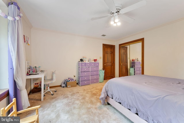 15713 Holly Grove Rd, Silver Spring, MD 20905 - bedroom featuring ornamental molding, carpet flooring, a closet, ceiling fan, and baseboards
