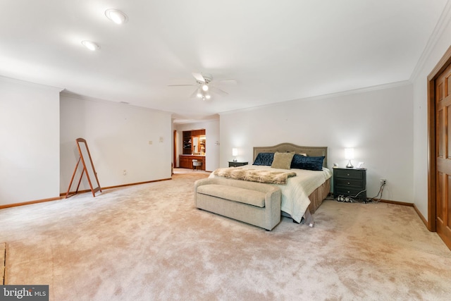 15713 Holly Grove Rd, Silver Spring, MD 20905 - bedroom with light carpet, crown molding, baseboards, and a ceiling fan