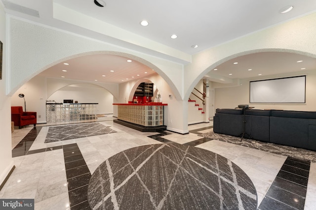 15713 Holly Grove Rd, Silver Spring, MD 20905 - reception area with recessed lighting, stairs, and a dry bar
