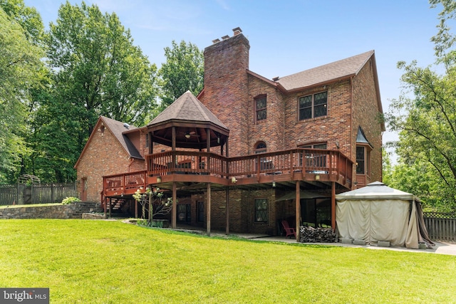 15713 Holly Grove Rd, Silver Spring, MD 20905 - back of house featuring a wooden deck, brick siding, a gazebo, a chimney, and stairs