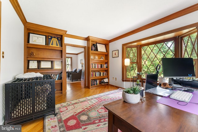 15713 Holly Grove Rd, Silver Spring, MD 20905 - home office with crown molding, wood finished floors, and baseboards