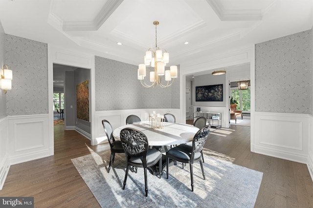 717 Miller Ave, Great Falls, VA 22066 - dining area featuring coffered ceiling, a chandelier, wainscoting, wood finished floors, and beamed ceiling