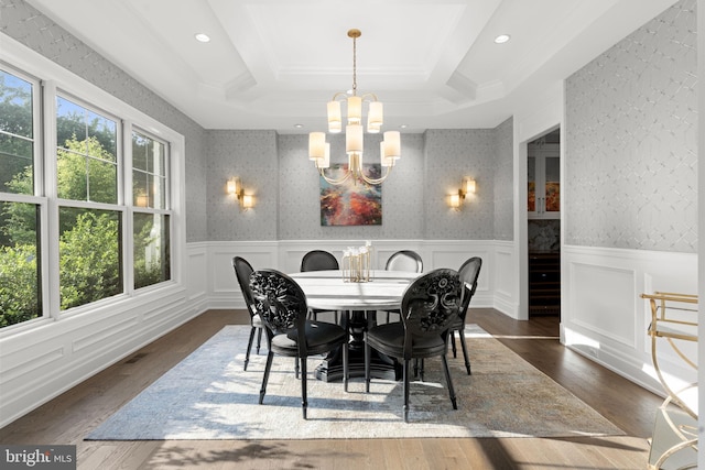 717 Miller Ave, Great Falls, VA 22066 - dining space featuring a chandelier, wainscoting, wood finished floors, recessed lighting, and a decorative wall