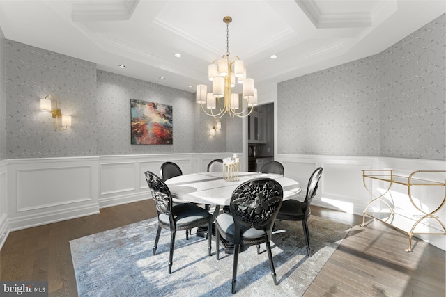 717 Miller Ave, Great Falls, VA 22066 - dining area with a chandelier, coffered ceiling, wood finished floors, recessed lighting, and a wainscoted wall