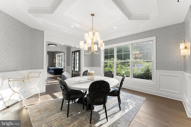 717 Miller Ave, Great Falls, VA 22066 - dining area featuring coffered ceiling, wainscoting, a chandelier, wood finished floors, and beam ceiling