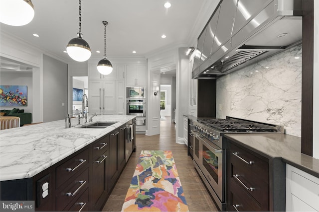 717 Miller Ave, Great Falls, VA 22066 - kitchen with appliances with stainless steel finishes, island exhaust hood, white cabinetry, crown molding, and light stone counters