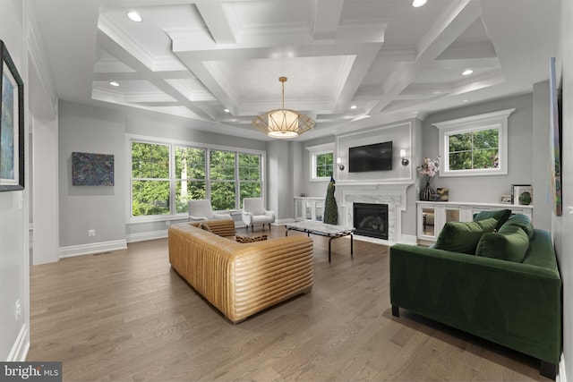 717 Miller Ave, Great Falls, VA 22066 - living room with healthy amount of natural light, light wood-style floors, beamed ceiling, a fireplace, and recessed lighting