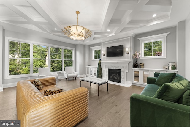 717 Miller Ave, Great Falls, VA 22066 - living room with coffered ceiling, a fireplace, recessed lighting, beam ceiling, and wood finished floors