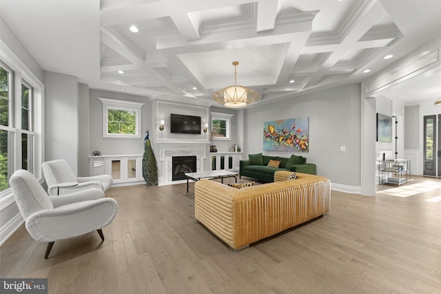 717 Miller Ave, Great Falls, VA 22066 - living area featuring healthy amount of natural light, wood finished floors, recessed lighting, beam ceiling, and a glass covered fireplace