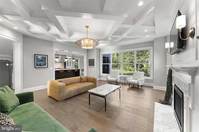 717 Miller Ave, Great Falls, VA 22066 - living room with wood finished floors, a fireplace, coffered ceiling, recessed lighting, and beamed ceiling
