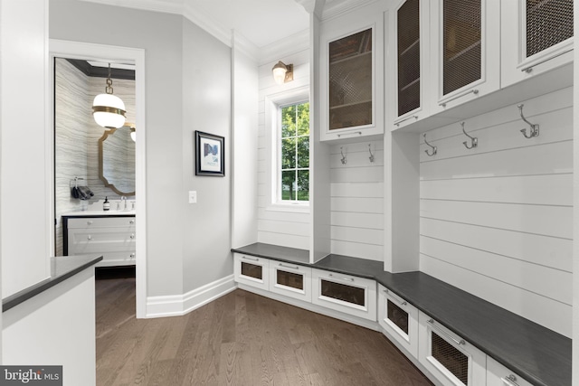 717 Miller Ave, Great Falls, VA 22066 - mudroom featuring ornamental molding and dark wood-type flooring