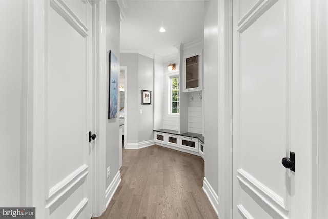 717 Miller Ave, Great Falls, VA 22066 - mudroom with light wood-style floors, crown molding, and recessed lighting