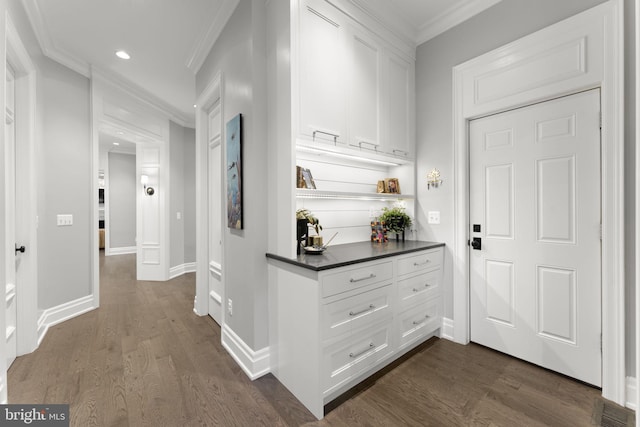 717 Miller Ave, Great Falls, VA 22066 - entryway with crown molding, dark wood-style flooring, and recessed lighting